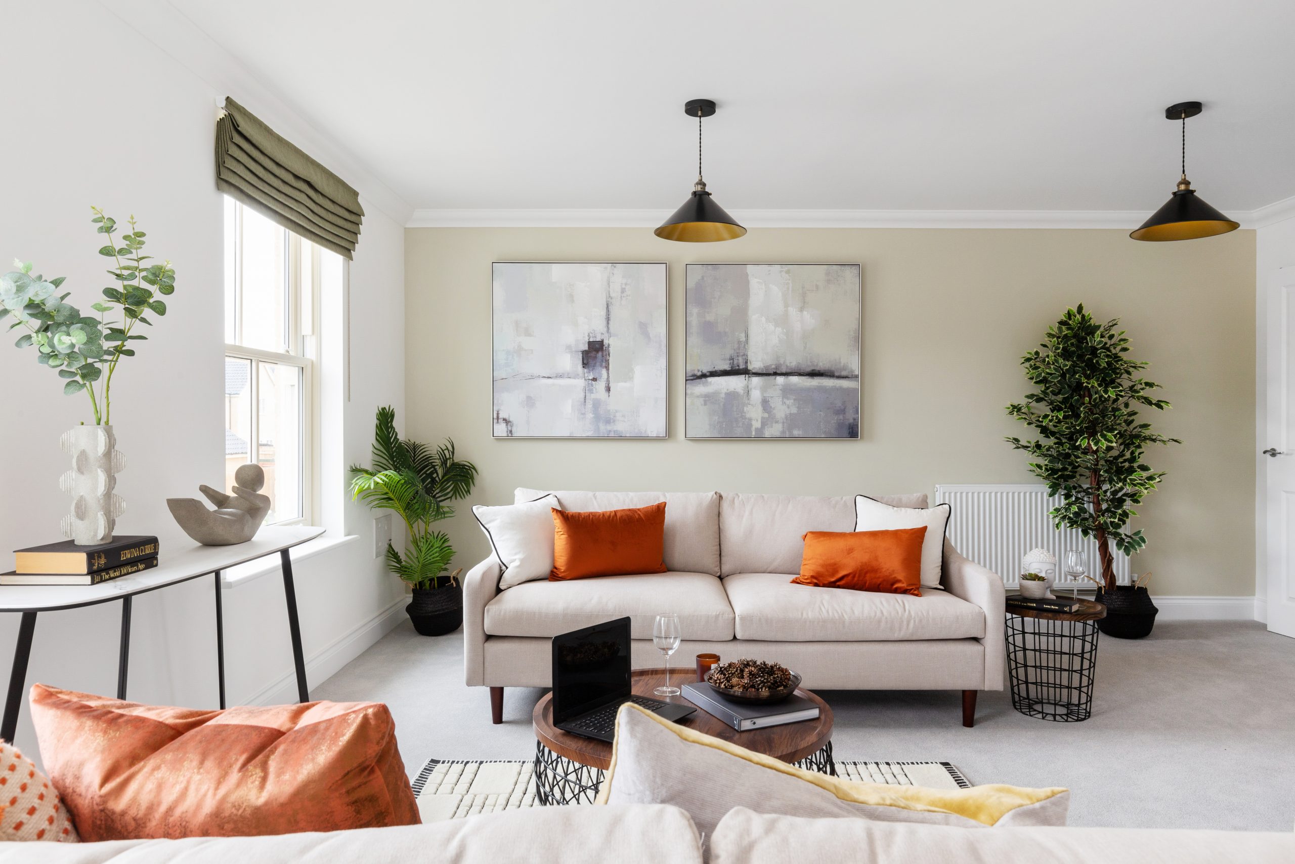 A Hopkins Homes living room with tall green plants