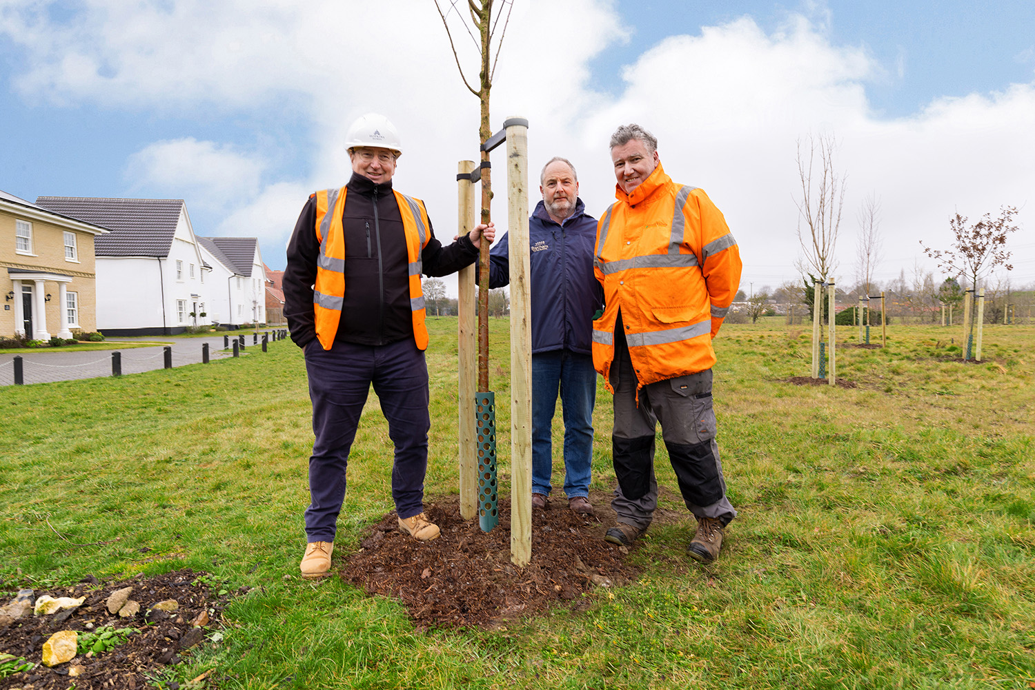 Men tree planting hard hat high vis