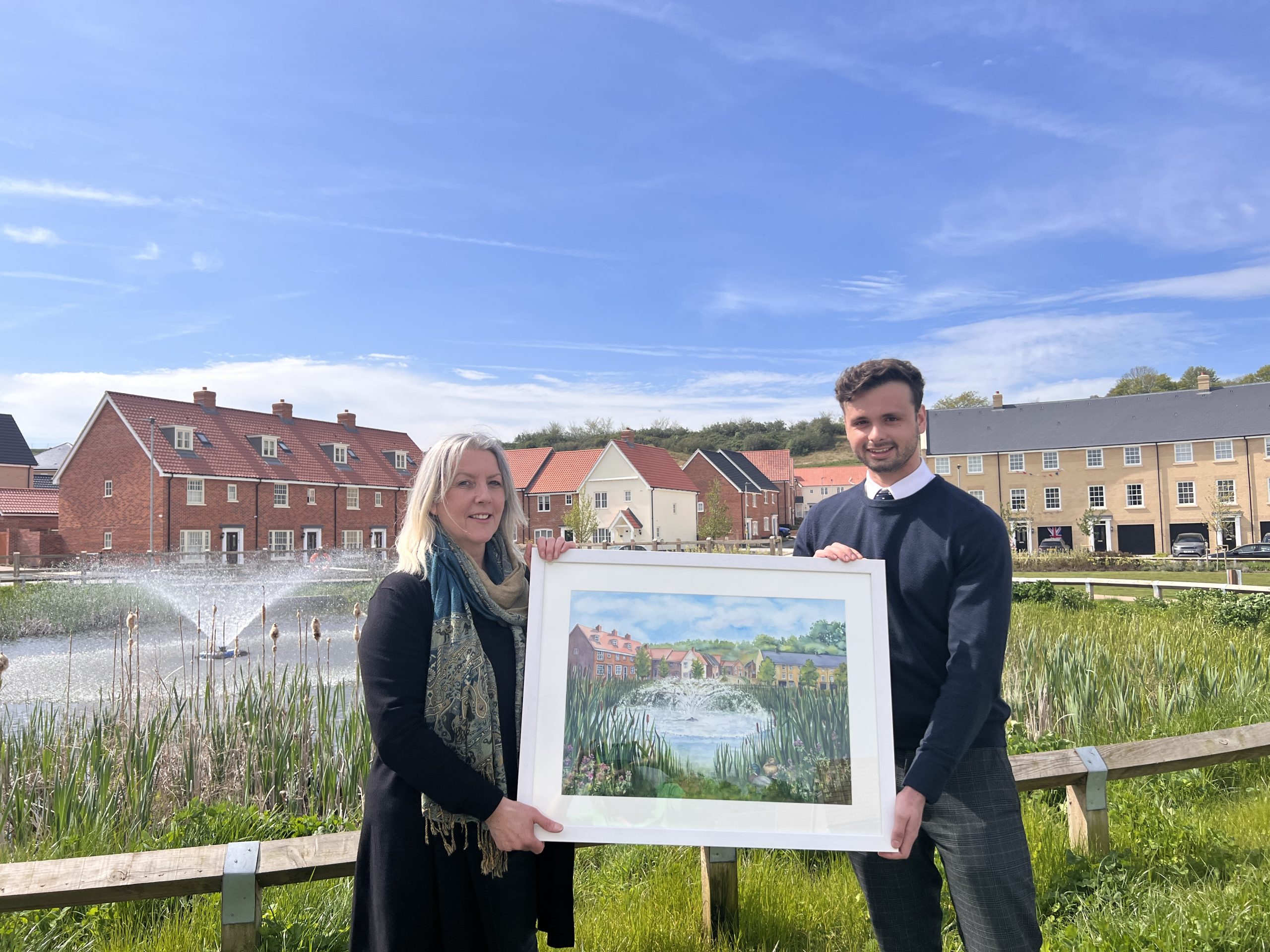 Painting with two people with fountain in background