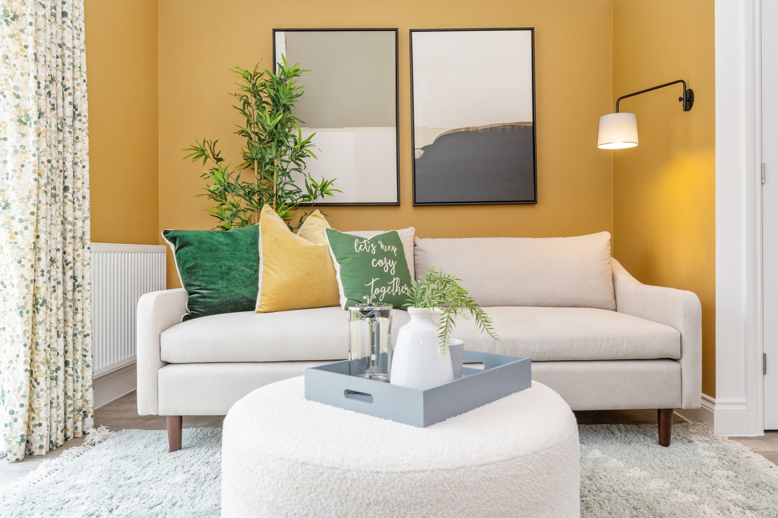 A bright living area of a new home with solar panels