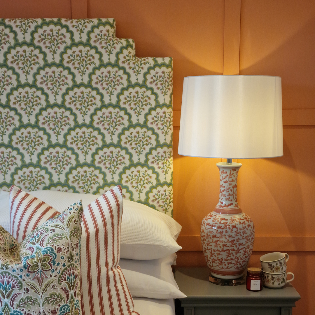 Bed headboard and side table with lamp