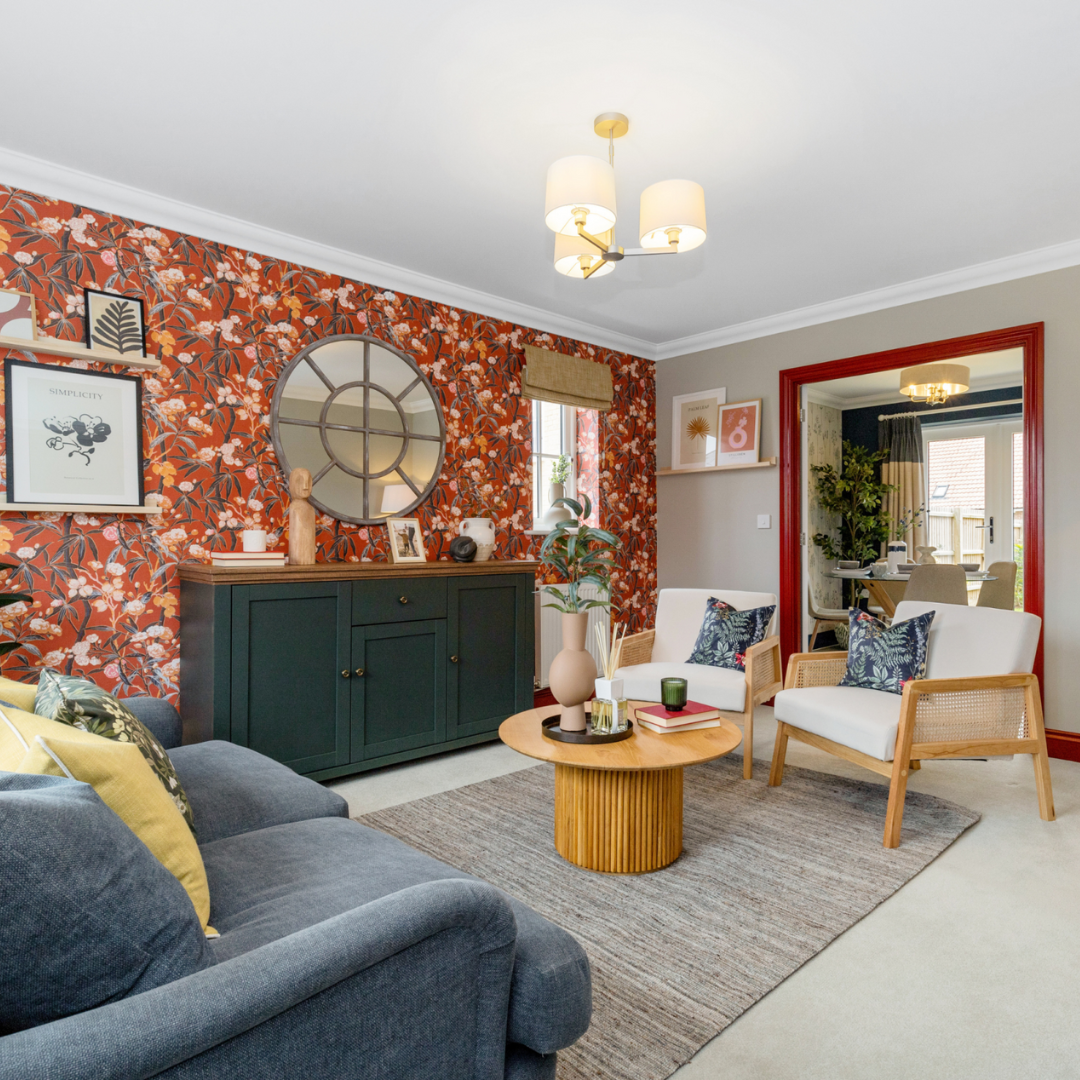 Living room in a Hopkins home with bright wallpaper