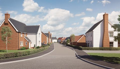 Bergholt Place CGI Streetscene dev banner Hopkins Homes