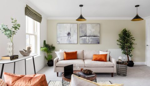 A Hopkins Homes living room with tall green plants